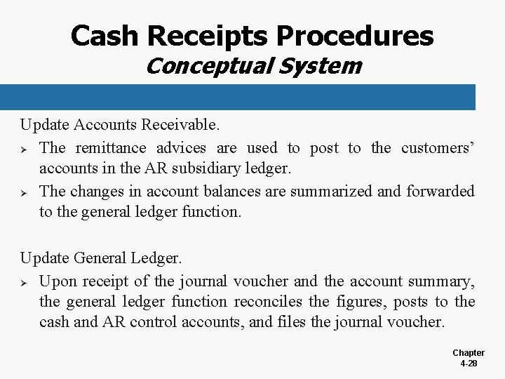 Cash Receipts Procedures Conceptual System Update Accounts Receivable. Ø The remittance advices are used