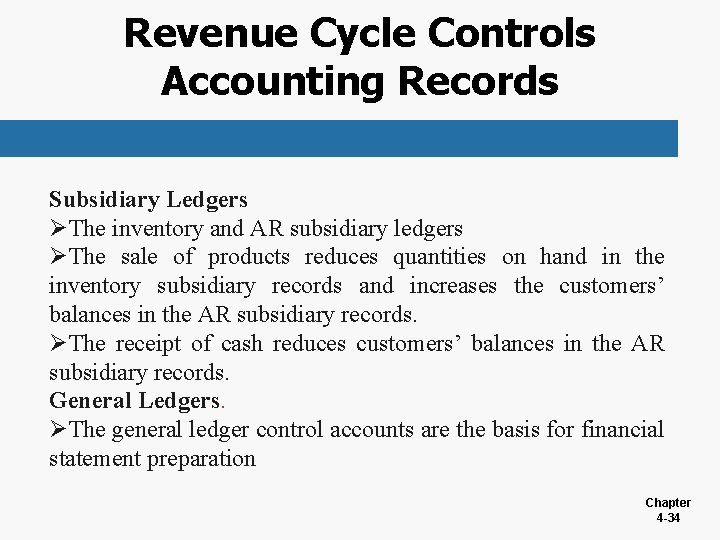 Revenue Cycle Controls Accounting Records Subsidiary Ledgers ØThe inventory and AR subsidiary ledgers ØThe