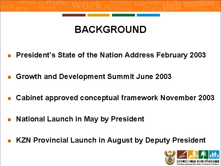 BACKGROUND n President’s State of the Nation Address February 2003 n Growth and Development BACKGROUND n President’s State of the Nation Address February 2003 n Growth and Development