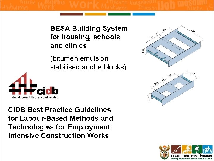 BESA Building System for housing, schools and clinics (bitumen emulsion stabilised adobe blocks) CIDB BESA Building System for housing, schools and clinics (bitumen emulsion stabilised adobe blocks) CIDB