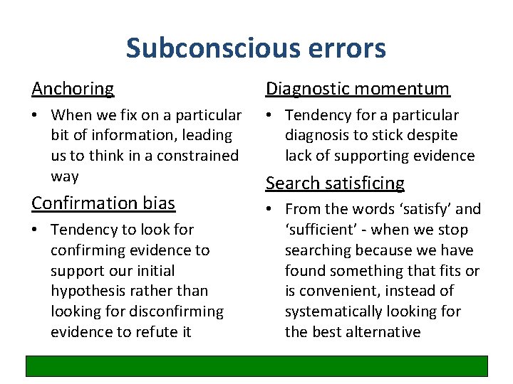 Subconscious errors Anchoring Diagnostic momentum • When we fix on a particular bit of