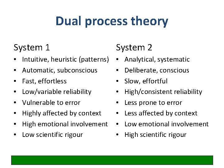 Dual process theory System 1 • • Intuitive, heuristic (patterns) Automatic, subconscious Fast, effortless
