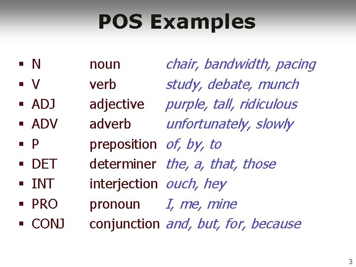 POS Examples § § § § § N V ADJ ADV P DET INT