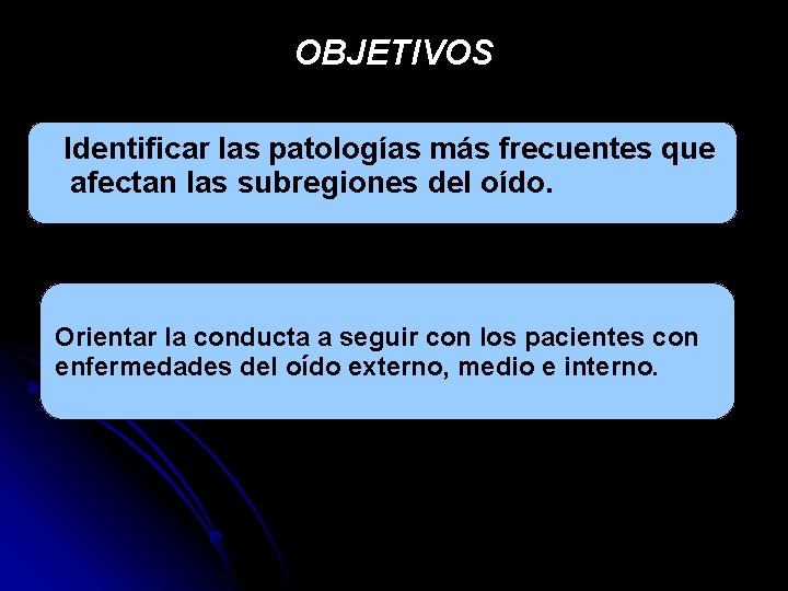 OBJETIVOS Identificar las patologías más frecuentes que afectan las subregiones del oído. Orientar la OBJETIVOS Identificar las patologías más frecuentes que afectan las subregiones del oído. Orientar la