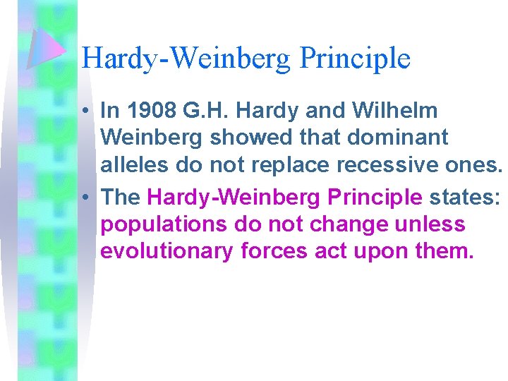 Hardy-Weinberg Principle • In 1908 G. H. Hardy and Wilhelm Weinberg showed that dominant
