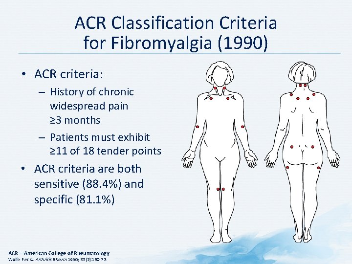 ACR Classification Criteria for Fibromyalgia (1990) • ACR criteria: – History of chronic widespread
