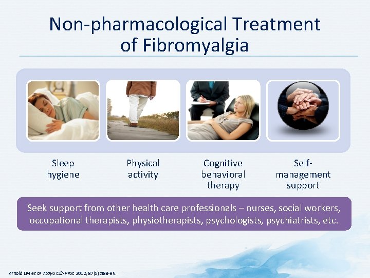 Non-pharmacological Treatment of Fibromyalgia Sleep hygiene Physical activity Cognitive behavioral therapy Selfmanagement support Seek