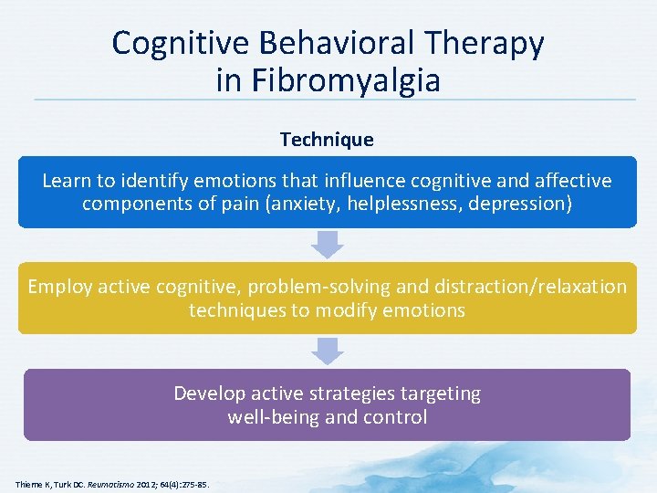 Cognitive Behavioral Therapy in Fibromyalgia Technique Learn to identify emotions that influence cognitive and