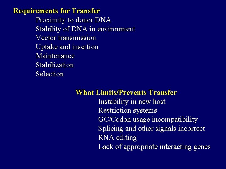 Requirements for Transfer Proximity to donor DNA Stability of DNA in environment Vector transmission