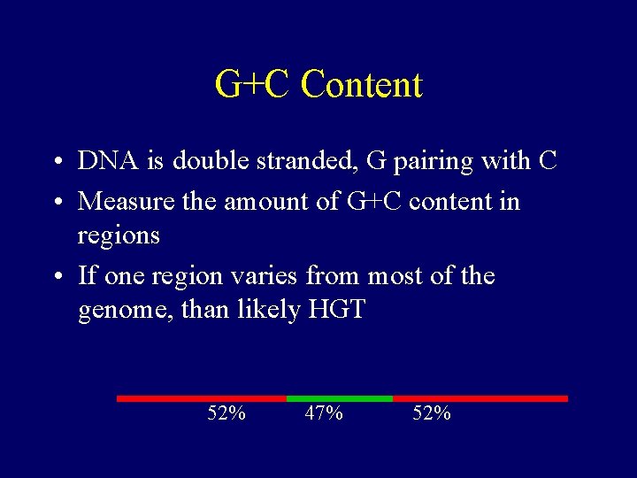 G+C Content • DNA is double stranded, G pairing with C • Measure the