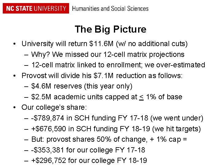 The Big Picture • University will return $11. 6 M (w/ no additional cuts)