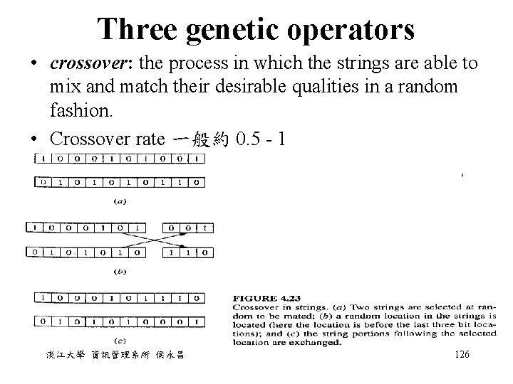 Three genetic operators • crossover: the process in which the strings are able to