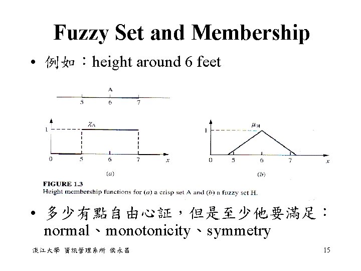 Fuzzy Set and Membership • 例如：height around 6 feet • 多少有點自由心証，但是至少他要滿足： normal、monotonicity、symmetry 淡江大學 資訊管理系所