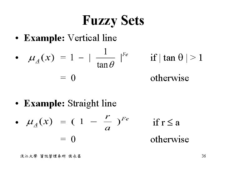 Fuzzy Sets • Example: Vertical line • = = 0 if | tan |