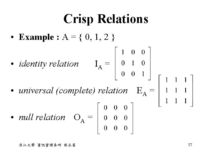 Crisp Relations • Example : A = { 0, 1, 2 } • identity