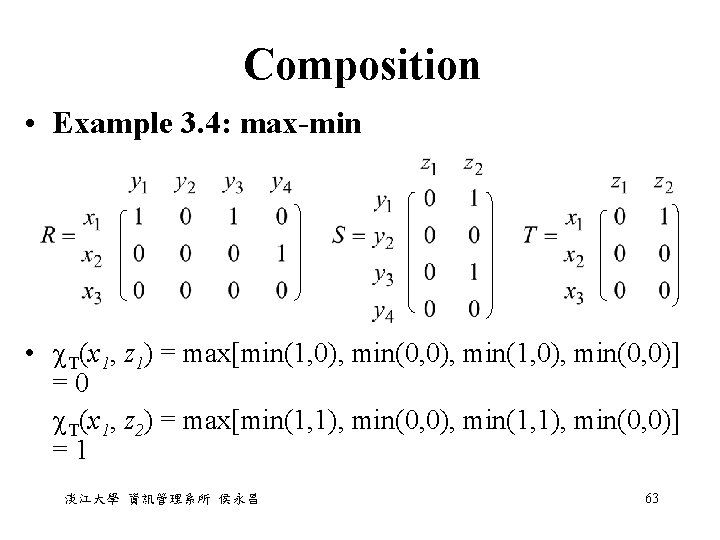 Composition • Example 3. 4: max-min • T(x 1, z 1) = max[min(1, 0),