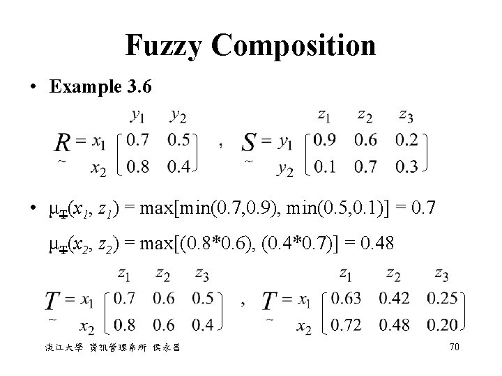 Fuzzy Composition • Example 3. 6 • μT(x 1, z 1) = max[min(0. 7,