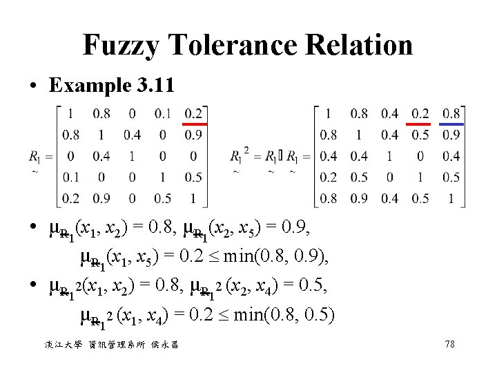 Fuzzy Tolerance Relation • Example 3. 11 • μR 1(x 1, x 2) =