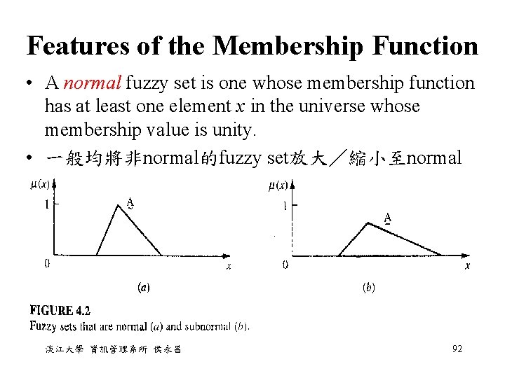 Features of the Membership Function • A normal fuzzy set is one whose membership