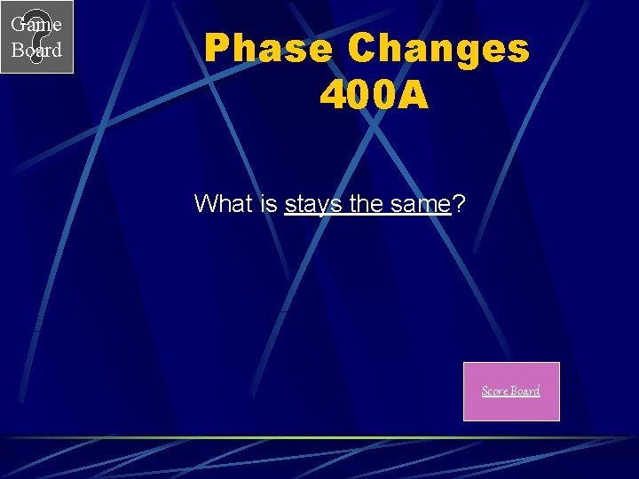 Game Board Phase Changes 400 A What is stays the same? Score Board 