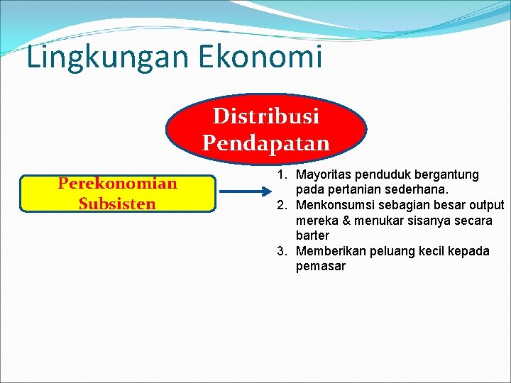 Lingkungan Ekonomi Distribusi Pendapatan Perekonomian Subsisten 1. Mayoritas penduduk bergantung pada pertanian sederhana. 2.