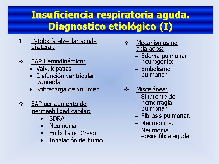 Insuficiencia respiratoria aguda. Diagnostico etiológico (I) 1. Patología alveolar aguda bilateral: v EAP Hemodinámico: