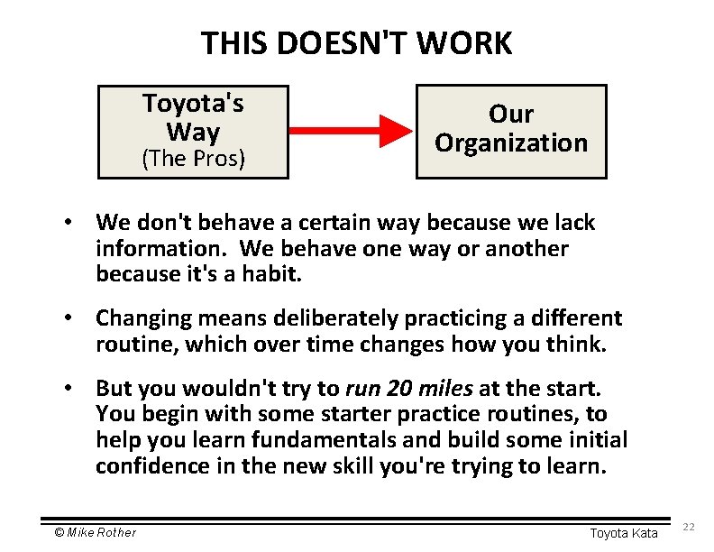 THIS DOESN'T WORK Toyota's Way (The Pros) Our Organization • We don't behave a