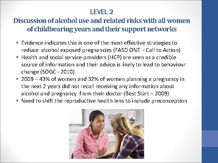 LEVEL 2 Discussion of alcohol use and related risks with all women of childbearing