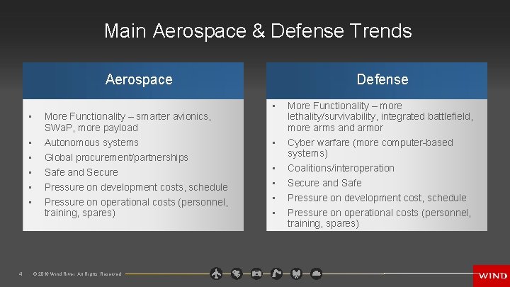 Main Aerospace & Defense Trends Aerospace 4 • More Functionality – smarter avionics, SWa.