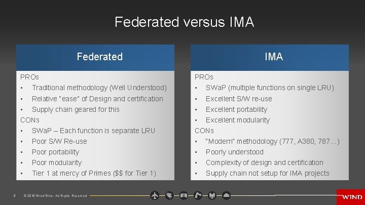 Federated versus IMA Federated 8 IMA PROs • Traditional methodology (Well Understood) • Relative