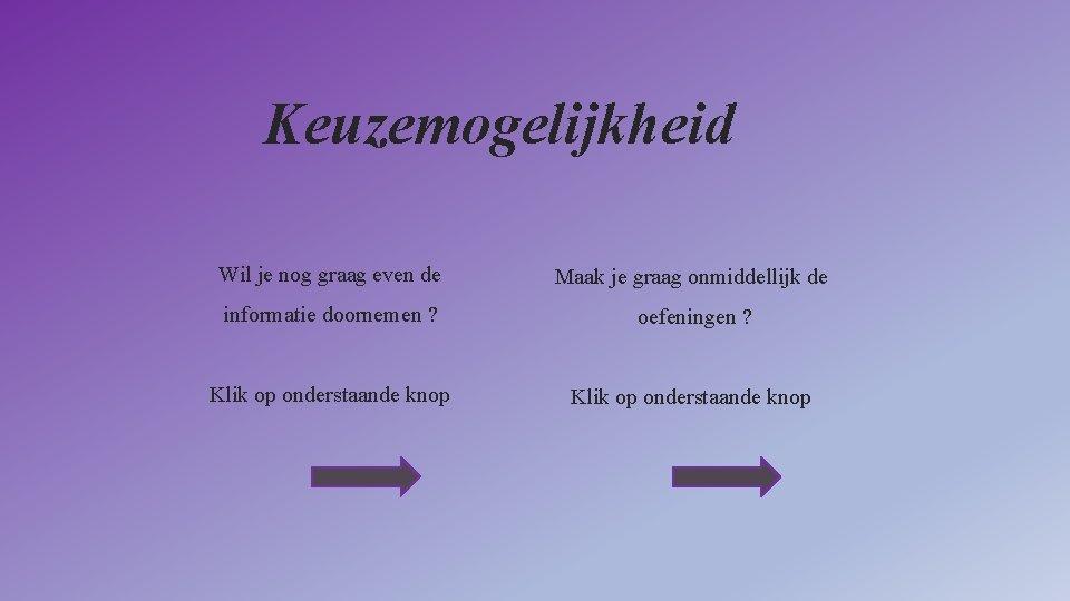 Keuzemogelijkheid Wil je nog graag even de Maak je graag onmiddellijk de informatie doornemen