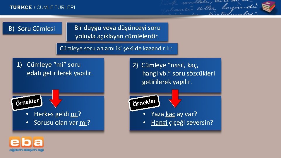 TÜRKÇE / CÜMLE TÜRLERİ B) Soru Cümlesi Bir duygu veya düşünceyi soru yoluyla açıklayan