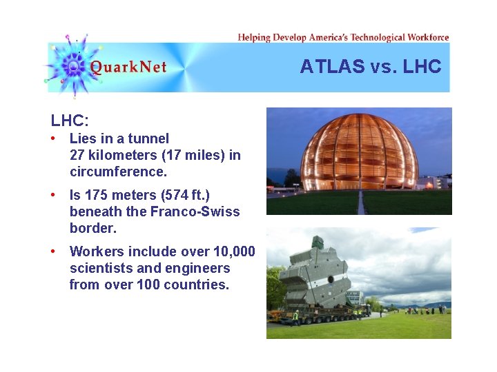 ATLAS vs. LHC: • Lies in a tunnel 27 kilometers (17 miles) in circumference.