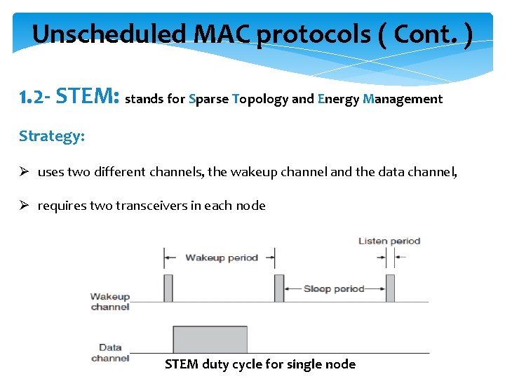 Unscheduled MAC protocols ( Cont. ) 1. 2 - STEM: stands for Sparse Topology