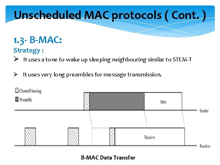 Unscheduled MAC protocols ( Cont. ) 1. 3 - B-MAC: Strategy : Ø It