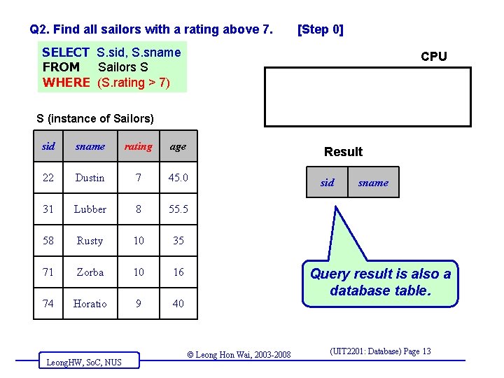 Q 2. Find all sailors with a rating above 7. [Step 0] SELECT S.