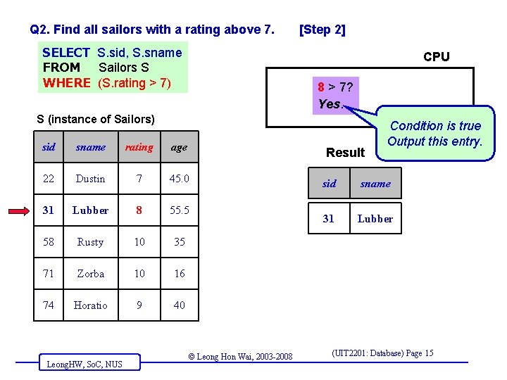 Q 2. Find all sailors with a rating above 7. SELECT S. sid, S.