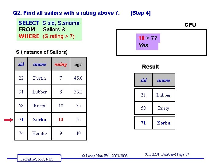 Q 2. Find all sailors with a rating above 7. SELECT S. sid, S.