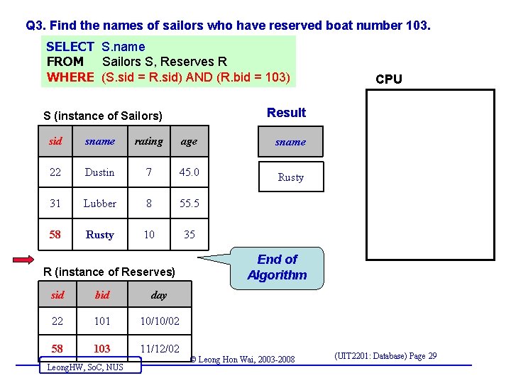 Q 3. Find the names of sailors who have reserved boat number 103. SELECT