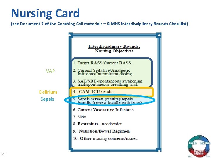 Nursing Card (see Document 7 of the Coaching Call materials – SJMHS Interdisciplinary Rounds