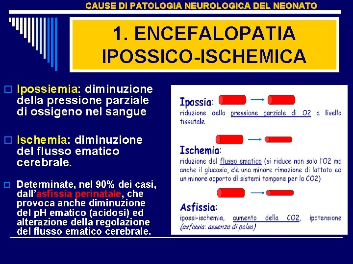 CAUSE DI PATOLOGIA NEUROLOGICA DEL NEONATO 1. ENCEFALOPATIA IPOSSICO-ISCHEMICA o Ipossiemia: diminuzione della pressione