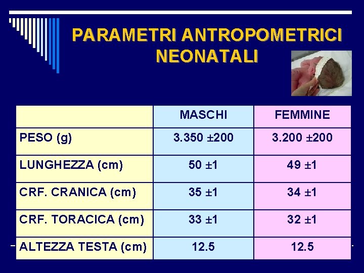 PARAMETRI ANTROPOMETRICI NEONATALI MASCHI FEMMINE 3. 350 ± 200 3. 200 ± 200 LUNGHEZZA