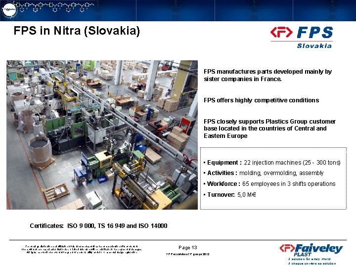 FPS in Nitra (Slovakia) FPS manufactures parts developed mainly by sister companies in France.