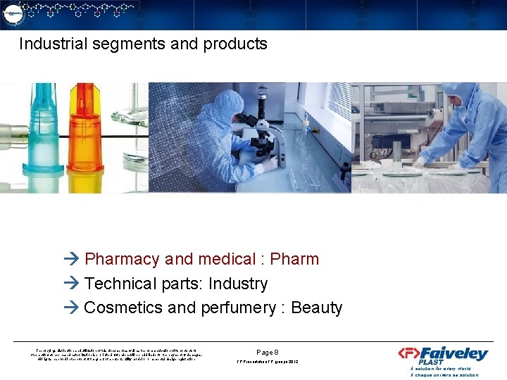 Industrial segments and products Pharmacy and medical : Pharm Technical parts: Industry Cosmetics and