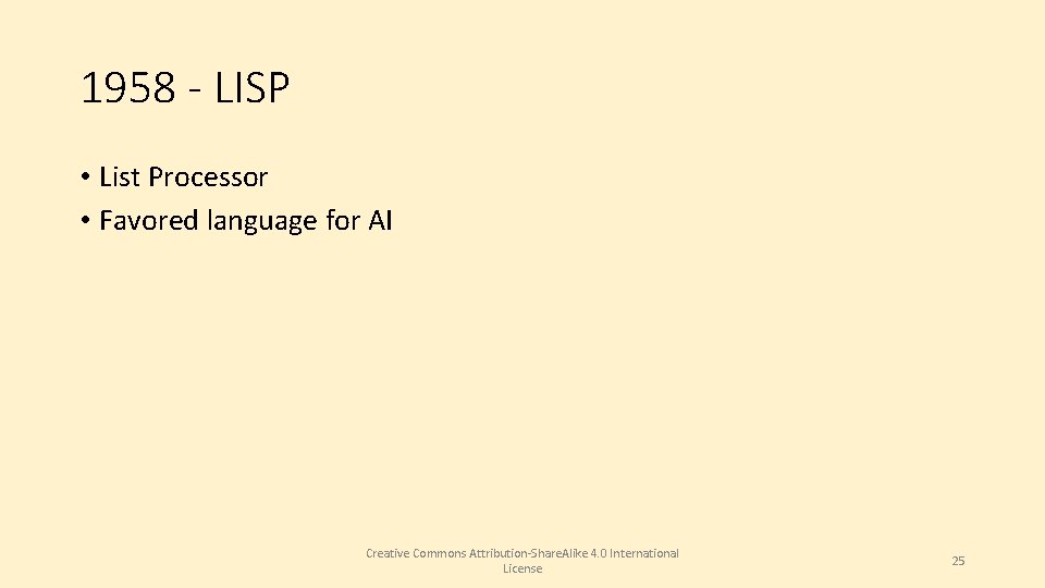 1958 - LISP • List Processor • Favored language for AI Creative Commons Attribution-Share.