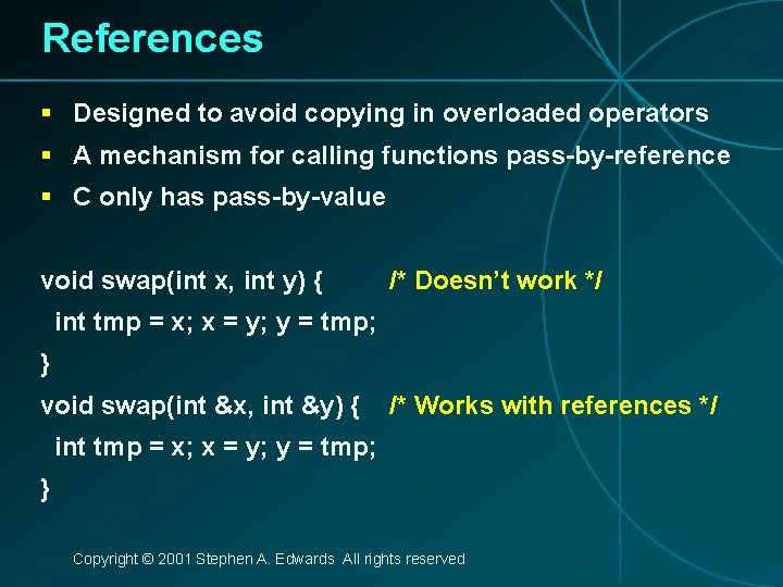 References § Designed to avoid copying in overloaded operators § A mechanism for calling