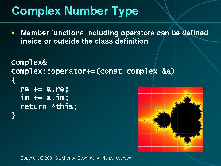 Complex Number Type § Member functions including operators can be defined inside or outside