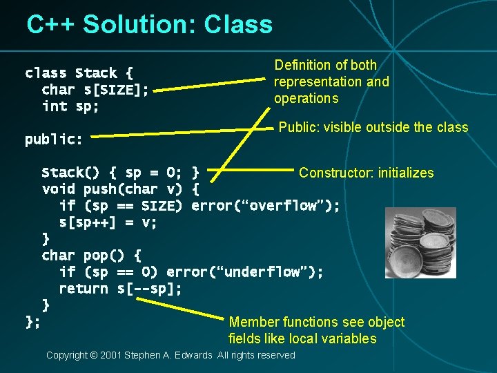 C++ Solution: Class class Stack { char s[SIZE]; int sp; public: Definition of both