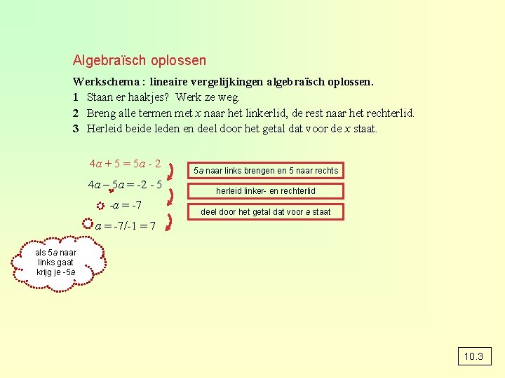 Algebraïsch oplossen Werkschema : lineaire vergelijkingen algebraïsch oplossen. 1 Staan er haakjes? Werk ze