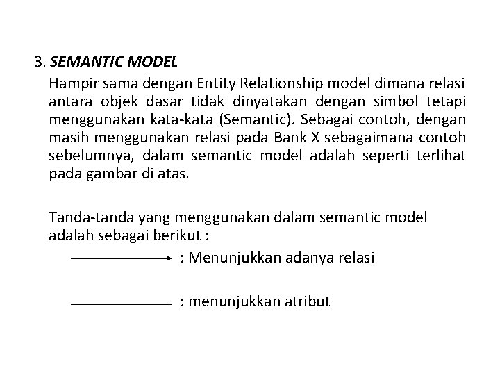 3. SEMANTIC MODEL Hampir sama dengan Entity Relationship model dimana relasi antara objek dasar